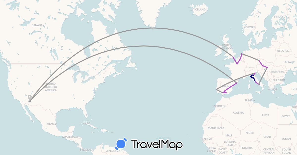 TravelMap itinerary: driving, bus, plane, train in Austria, Belgium, Czech Republic, Spain, France, United Kingdom, Hungary, Italy, Netherlands, Portugal, United States (Europe, North America)